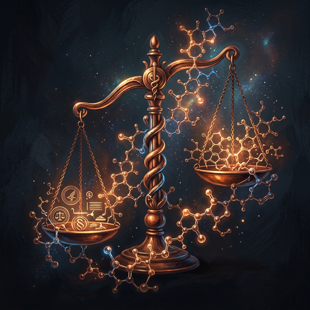 Scales of justice intertwined with peptide molecular structures representing the FDA peptide reclassification 2026 regulation