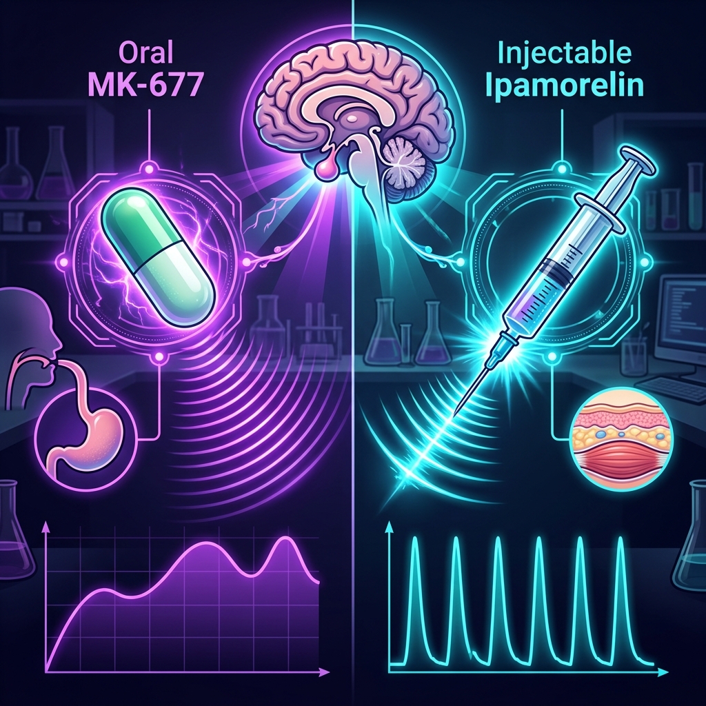 Comparison of a pill capsule and syringe representing oral MK-677 vs injectable Ipamorelin growth hormone secretagogues