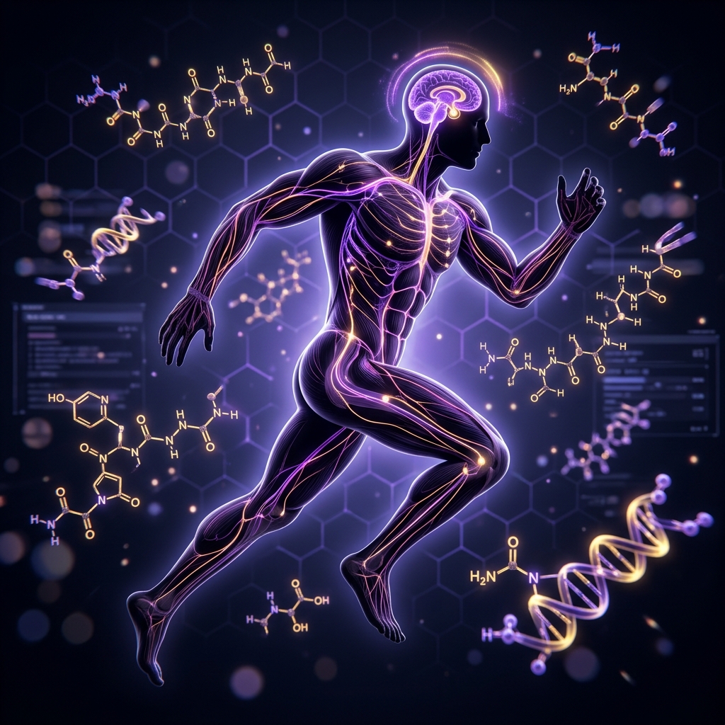 Anatomical silhouette with growth hormone pathways demonstrating the best peptides for muscle growth like CJC-1295 and Ipamorelin