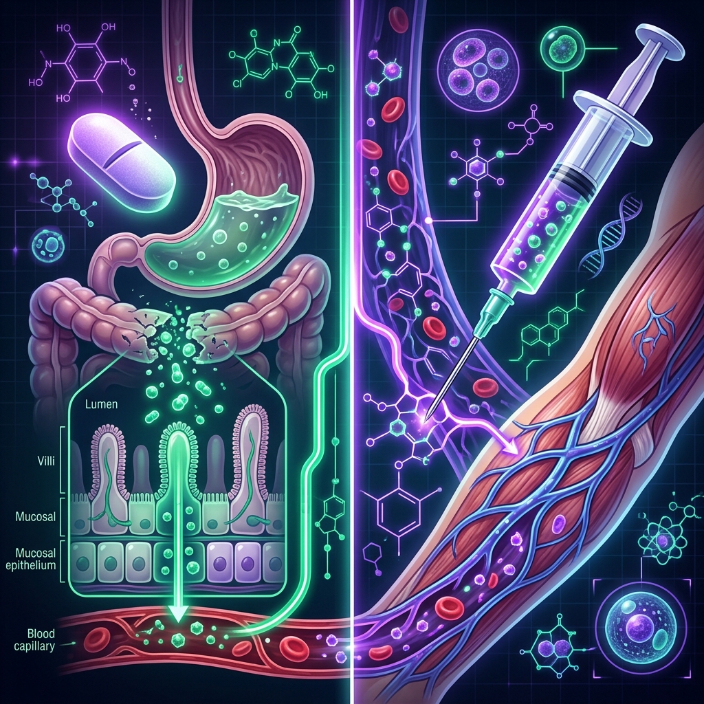 Split visualization comparing oral pill absorption barriers versus injectable peptide bloodstream delivery