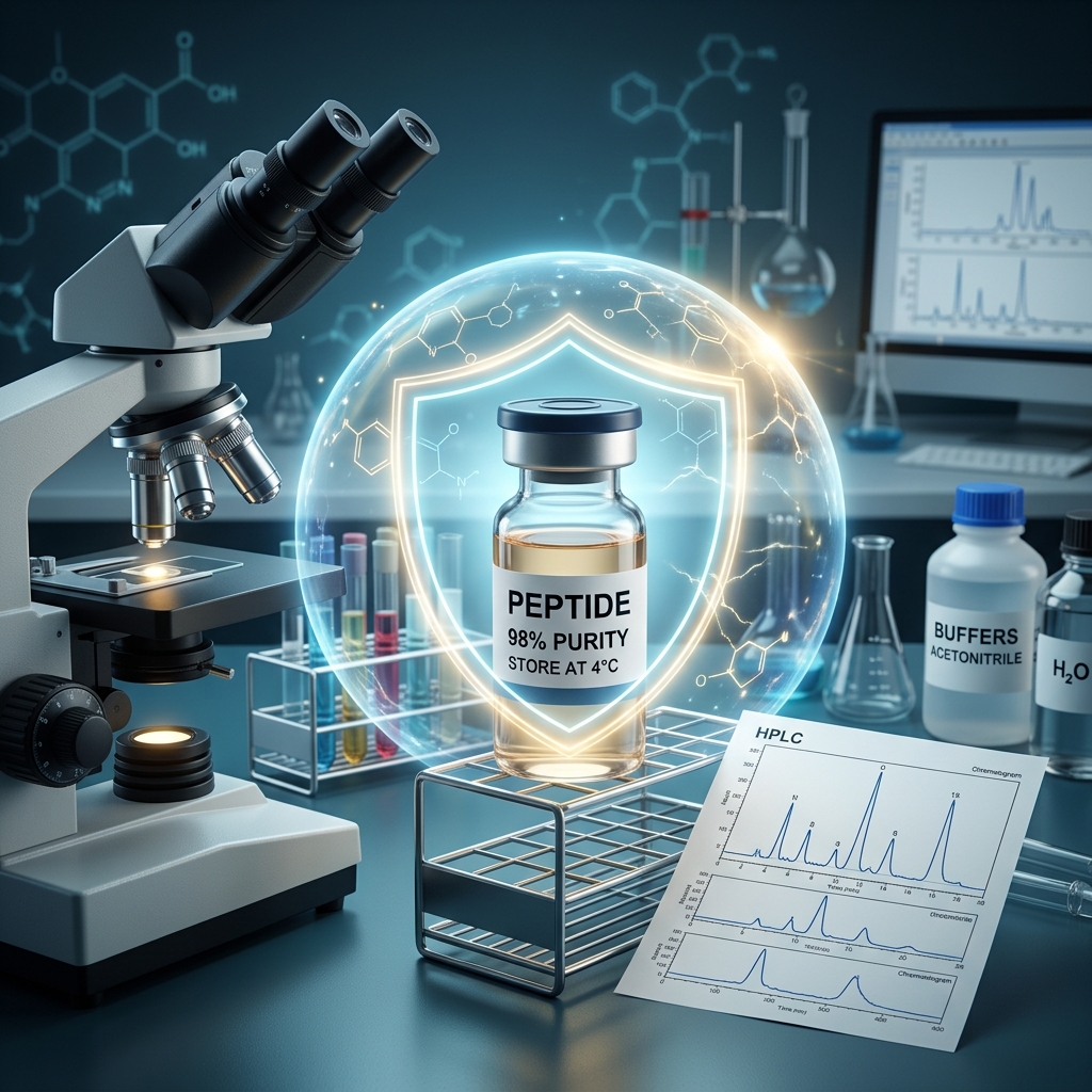 Laboratory safety concept showing a protected peptide solution highlighting research peptide safety and purity