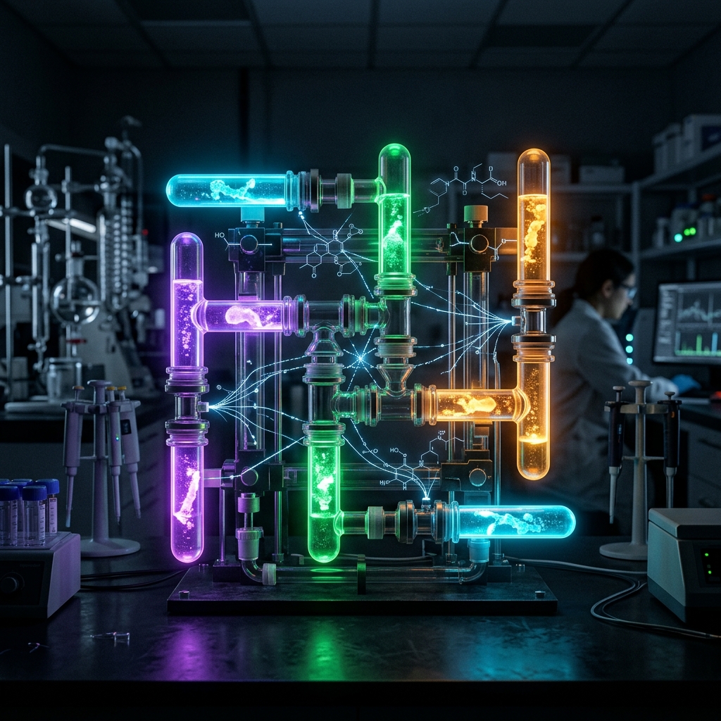 Glowing molecular test tubes visualizing a peptide stacking protocol for safe combination research