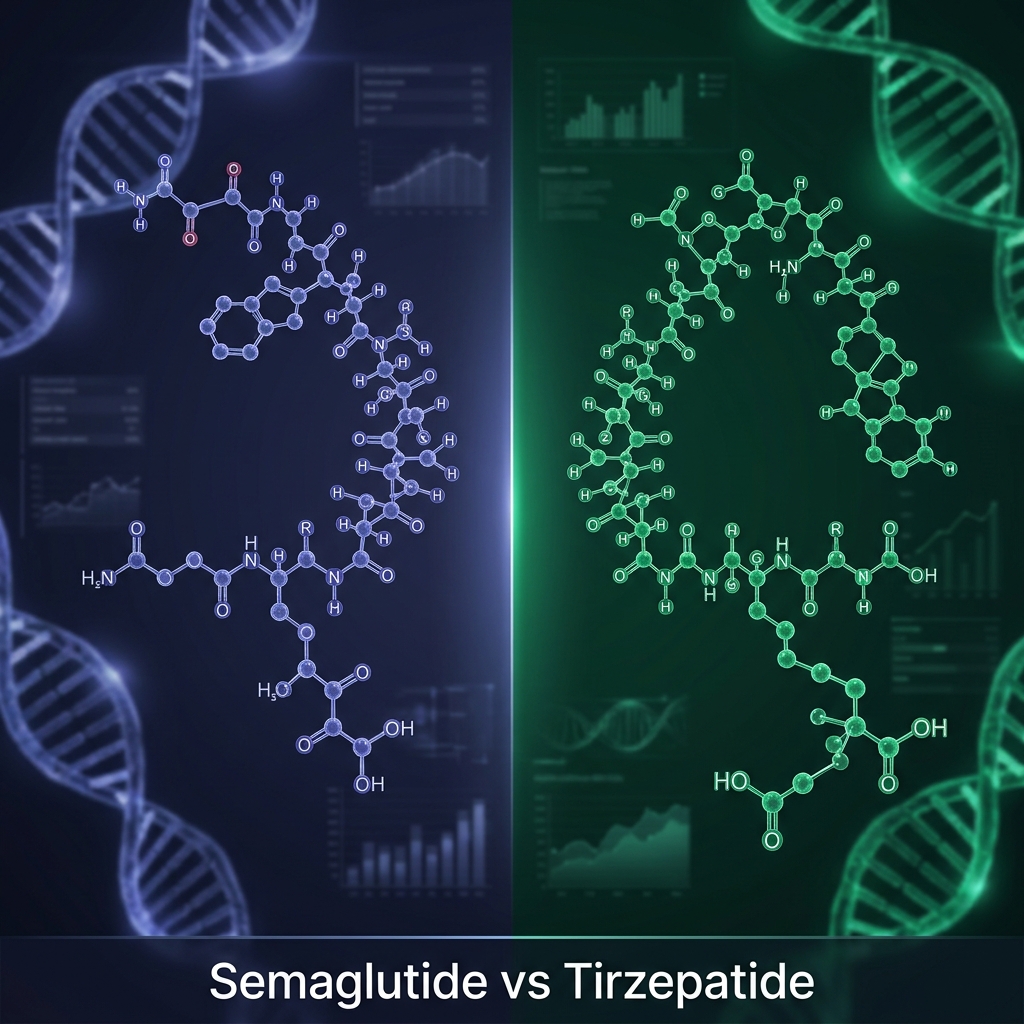 Scientific comparison diagram of semaglutide and tirzepatide peptide molecular structures for weight loss research