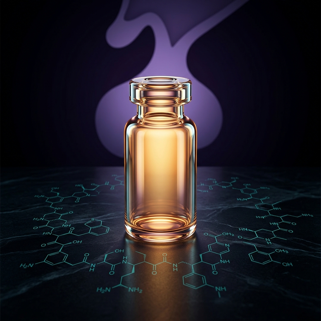 A single glowing amber peptide vial on a dark obsidian surface with GHRH molecular chain diagrams etched around it